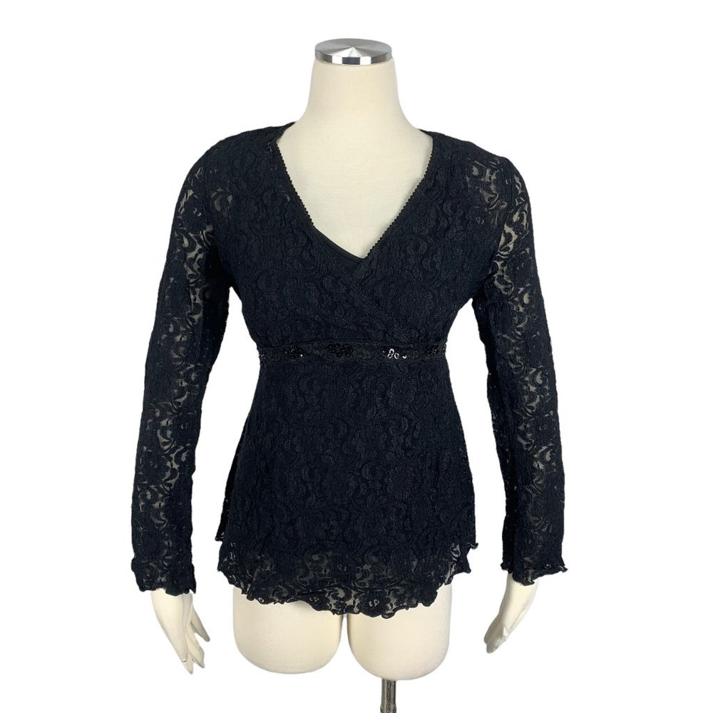 Motherhood Maternity Medium Blouse Black Lace Formal Rhinestones Lined